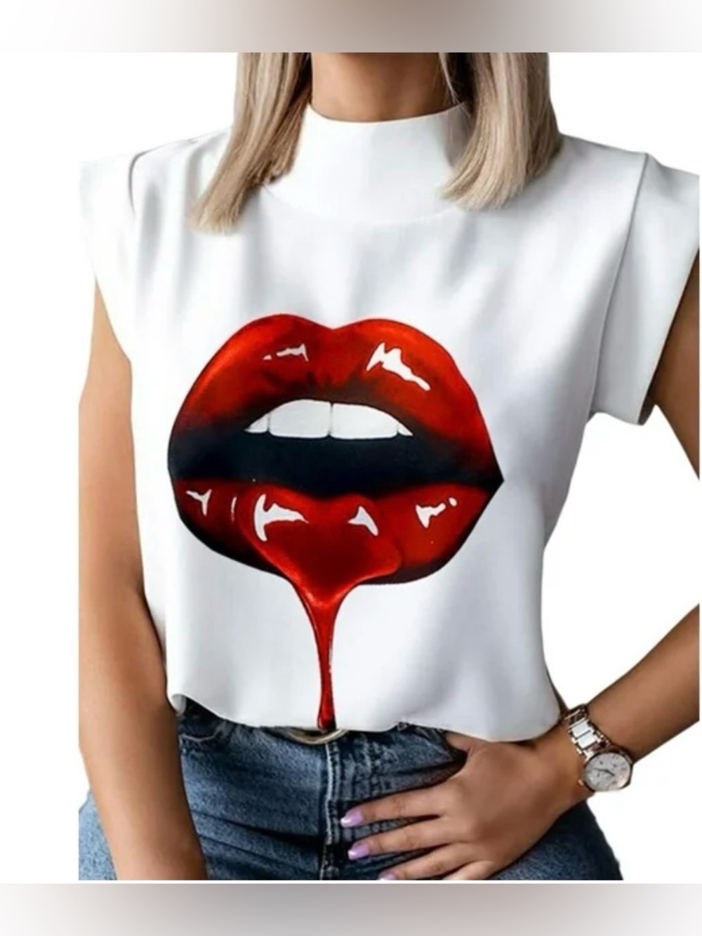 White Graphic Lip Print Top with Red Drip
